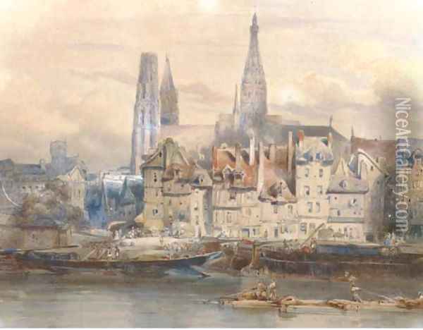 Rouaanse Kaai view of the quay at Rouen Oil Painting - Johannes Bosboom