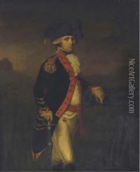 Portrait Of An Officer Of The 
Royal Artillery, Three-quarterlength, In A Landscape With A Hilltop 
Fortress Beyond Oil Painting - Daniel Gardner