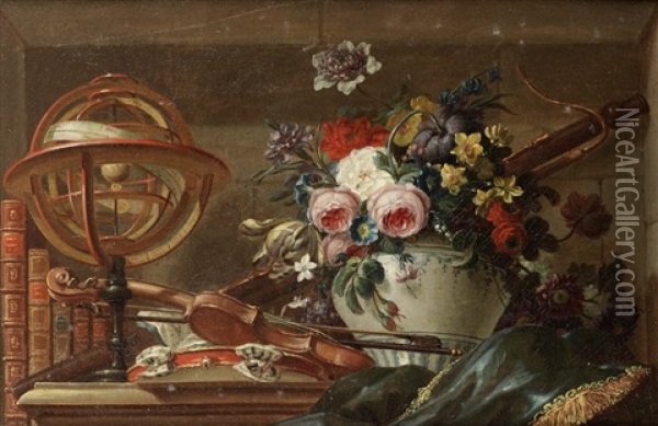 Roses, Tulips, Narcissi And Other Flowers In A Vase With An Armillary Sphere, A Violin And Other Instruments On A Draped Stone Ledge Oil Painting - Pierre Nicolas Huilliot
