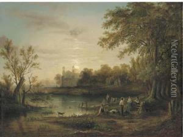 Boys Bathing By Moonlight With Eton College Beyond Oil Painting - Sebastian Pether