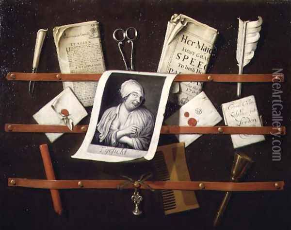 Trompe l'oeil letter rack with a print of a woman and a Parliamentary speech of 1704 Oil Painting - Edwart Collier