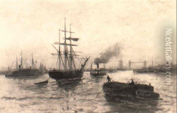 Shipping On The Thames, Tower Bridge Beyond Oil Painting - Edward Henry Eugene Fletcher