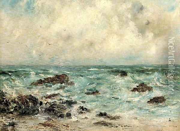 Waves breaking on a rocky coast Oil Painting - James Leith