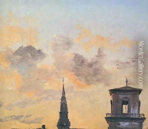 Two Belfries at Sunset, Copenhagen Oil Painting - Johan Christian Clausen Dahl