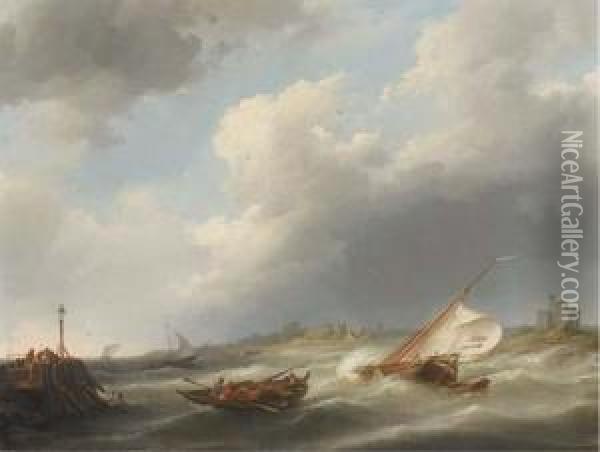 Caught In A Stiff Breeze Oil Painting - Johannes Hermanus Koekkoek