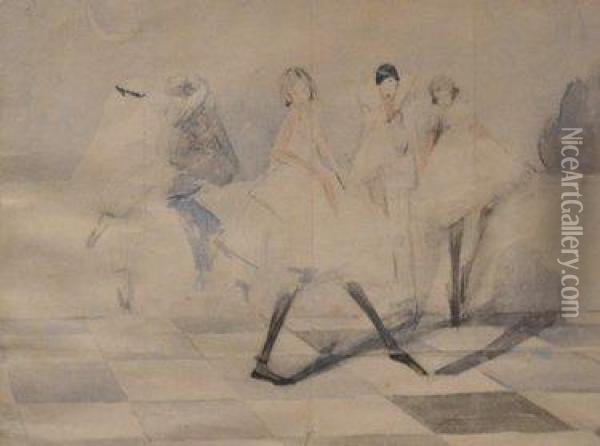 Watercolour Of A Pierrot And Theatrical Dancers Oil Painting - Madeline Green