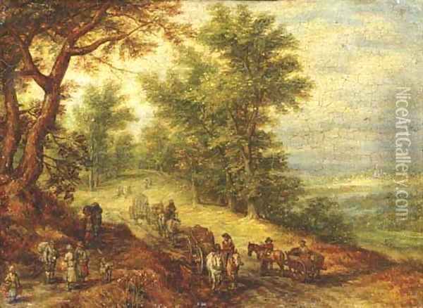 A wooded landscape with travellers on a path 2 Oil Painting - Jan The Elder Brueghel
