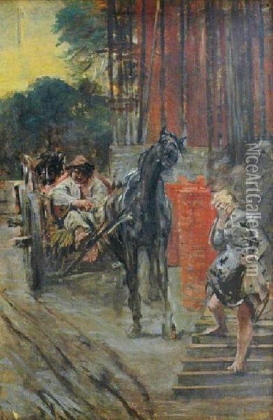 Scena Przed Dworem, Ok. 1890 Oil Painting - Jacek Malczewski