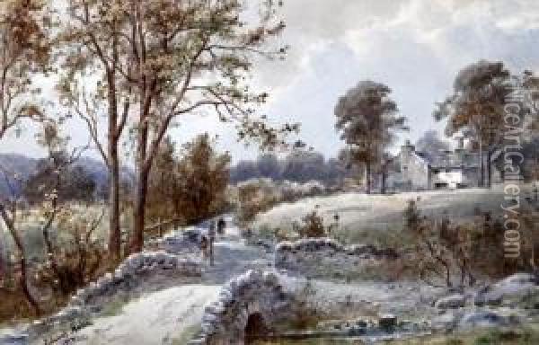 Near Windermere, Figures By A Stone Bridge And Stream Before A Cottage Oil Painting - Edward Tucker