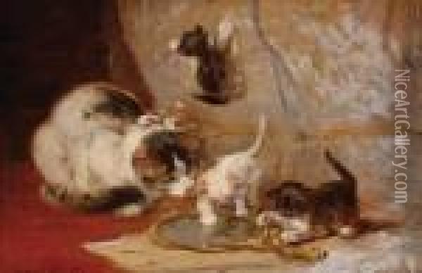 Cat With Three Playing Kittens Oil Painting - Henriette Ronner-Knip
