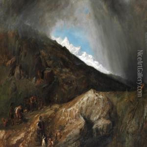 Mountainous Landscape With A Hunter And Travellers Oil Painting - William Clarkson Stanfield