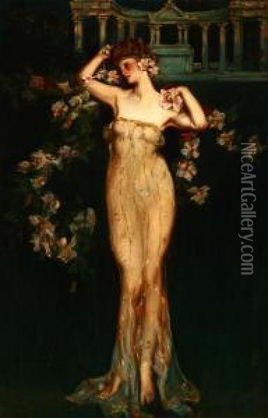 Flora, Belle Epoch Woman In Semi-transparent Gown Oil Painting - Albert B. Wenzell
