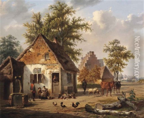 A Village Street With Cattle Oil Painting - Charles (Karel Ferdinand) Venneman