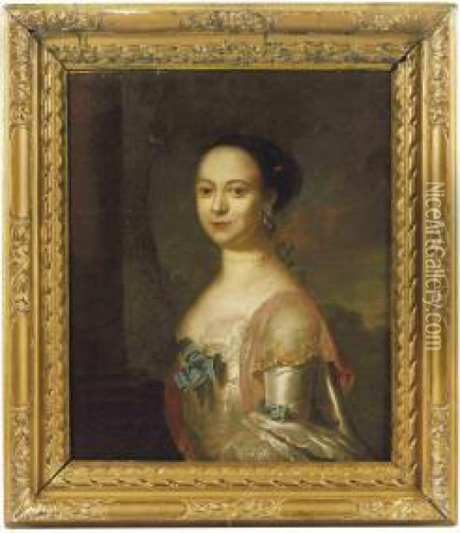 Portrait Of A Lady, Half-length, In An Oyster Silk Dress With Lacetrim And Blue Ribbon, A Landscape Beyond Oil Painting - Henry Pickering