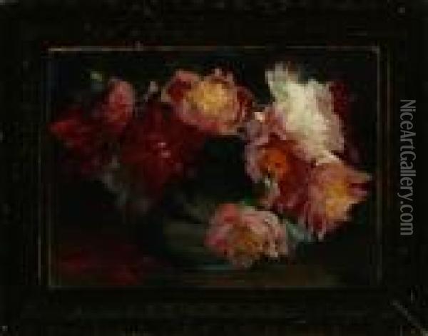A Still Life With Red And White Peonies In A Vase On A Table Oil Painting - Sally Philipsen