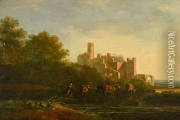 Herdsman And His Cattle At Sunset, A Ruined Castle In The Distance Oil Painting - Jacob Van Stry