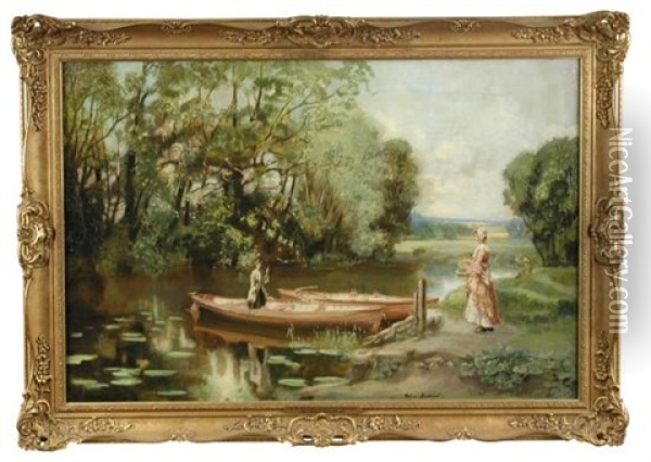 The River Ouse At Holywell, Huntingdon, With A Couple Punting Oil Painting - John Lochhead