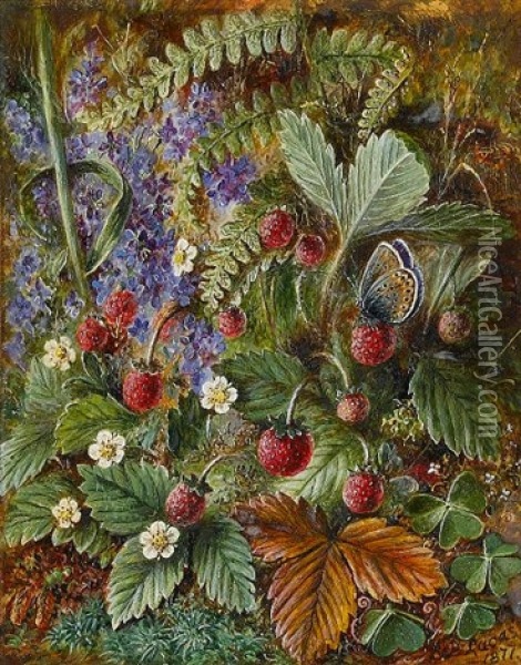 Wild Strawberries And A Butterfly, Veronica Fern And Moss Oil Painting - Albert Durer Lucas