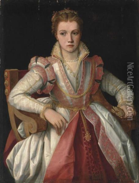Portrait Of A Lady Oil Painting - Rancesco De' Rossi (see Salviati, Cecchino Del)