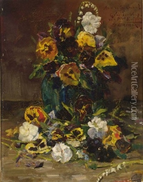 A Flower Still Life With Violets In A Gingerpot Oil Painting - Baruch Lopes de Leao Laguna