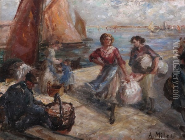 Pescatori E Lavandaie Oil Painting - Alessandro Milesi