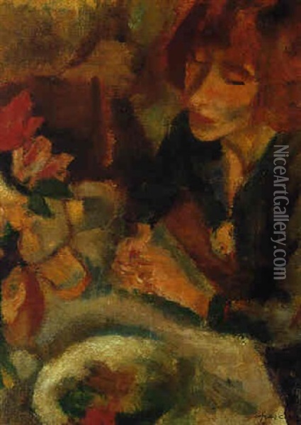 Femme Et Fleurs (hermine David) Oil Painting - Jules Pascin
