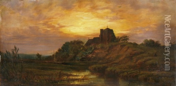 Flusslandschaft Mit Kirche Auf Einem Hugel In Der Abenddammerung Oil Painting - Edward Henry Holder