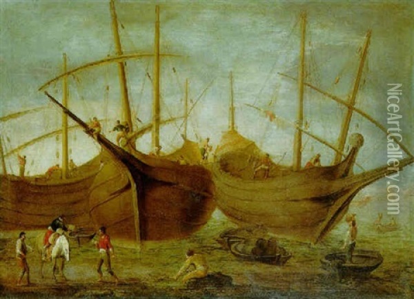 Three Sailing Ships Moored By A Beach Oil Painting - Lucas Janszen de Wael