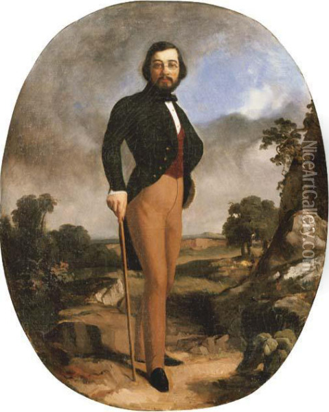 A Full-length Portrait Of A Gentleman In A Green Jacket And Bowtie, Standing In A Landscape Oil Painting - Leon Joseph Billotte
