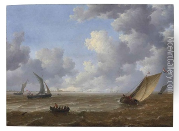 Wijdschips Tacking Offshore In A Stiff Breeze Oil Painting - Jeronymus Van Diest