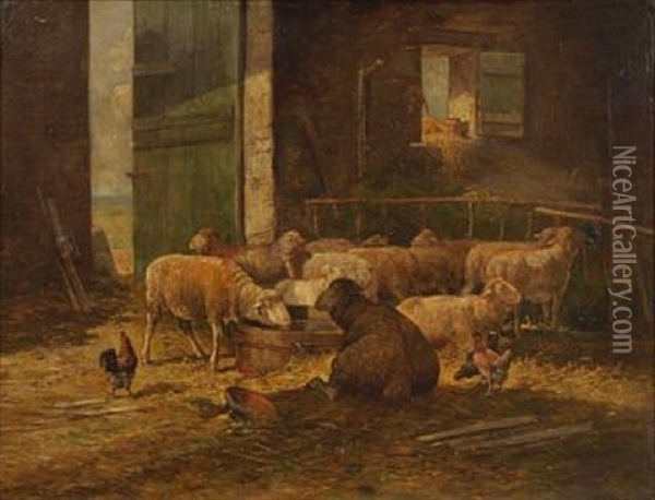 Sheep In A Barn Interior Oil Painting - Charles Emile Jacque