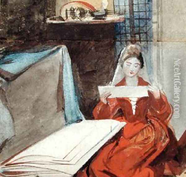 A Lady in a Medieval Costume studying the Contents of a Portfolio Oil Painting - Daniel Maclise