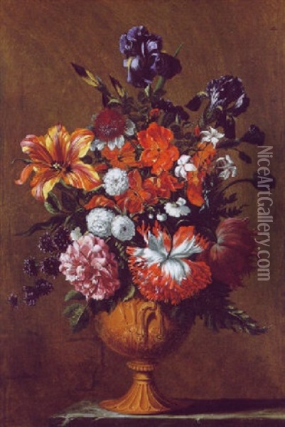 Blumenstraus In Einer Franzosischen, Ornamental Verzierten Keramikvase Oil Painting - Jean-Baptiste Monnoyer