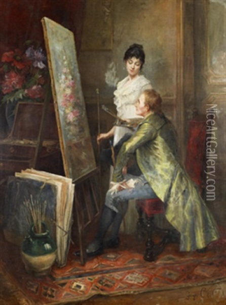 Konstnarinnan I Sin Atelje Oil Painting - Georges Jules Auguste Cain