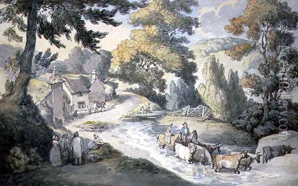 Landscape with Cattle Fording a Stream Oil Painting - Thomas Rowlandson