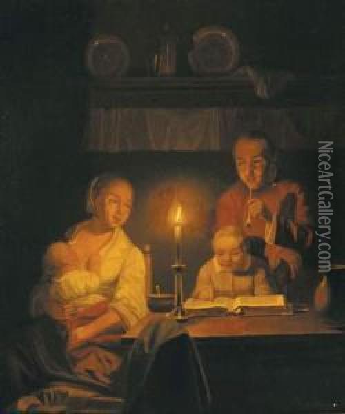 Leren Lezenbij Kaarslicht Oil Painting - Pieter Gerardus Sjamaar