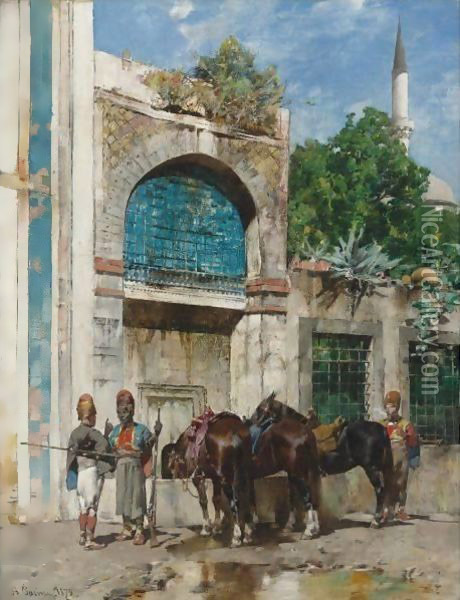 At Rest At The Fountain Oil Painting - Alberto Pasini