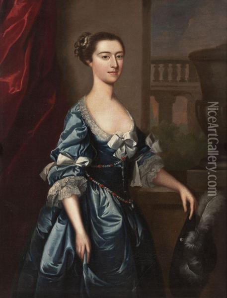 Dame Mit Federhut Und Blauem Kleid Oil Painting - Joseph Highmore