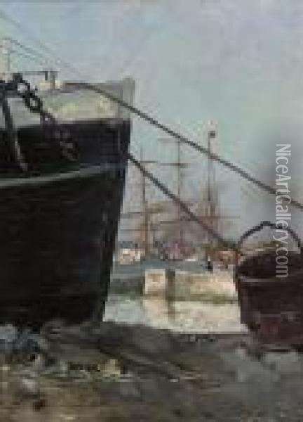 Ships In Port Oil Painting - Norbert Goeneutte
