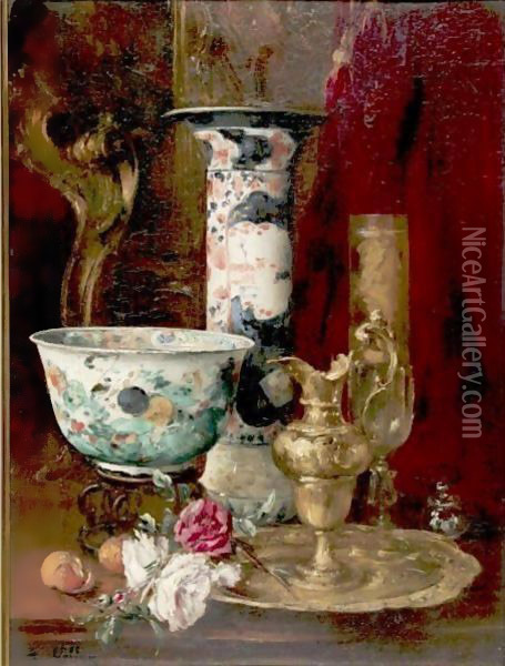 Still Life With Flowers And China Oil Painting - Antoine Vollon