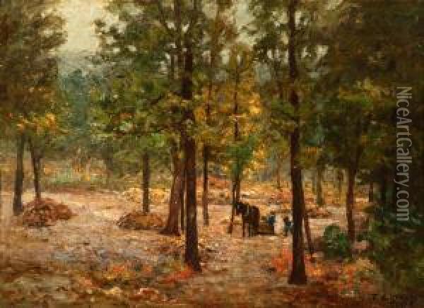 Raking Leaves In Indiana Woods Oil Painting - Theodore Clement Steele