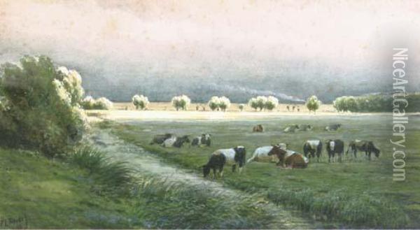 Cows In A Polder Landscape Oil Painting - Pieter Louis Hoedt