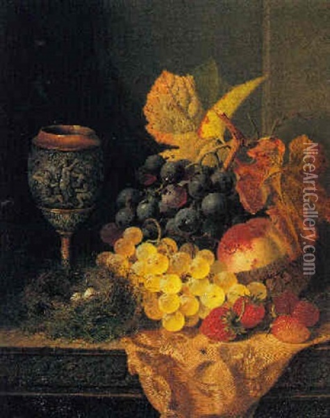 Still Life Wih Fruit, Bird's Nest And A Goblet Oil Painting - Edward Ladell
