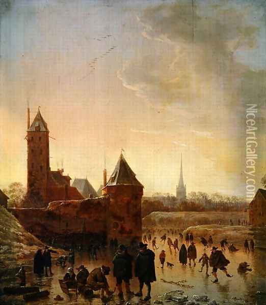 Ice Skating in front of the Utrecht City Walls, 1646 Oil Painting - Herman Saftleven
