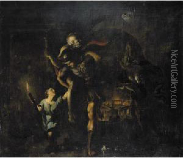 Aeneas Rescuing Anchises And Ascanius From The Sack Of Troy Oil Painting - Giovanni Lanfranco
