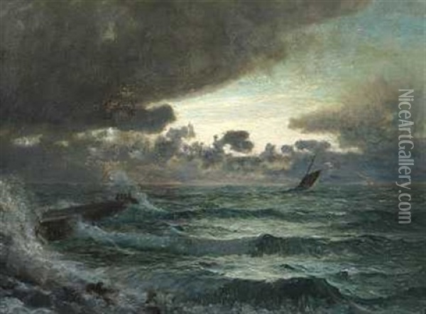 Sejlskib Ud For Molen En Overskyet Aftenstund Oil Painting - Thorvald Simeon Niss