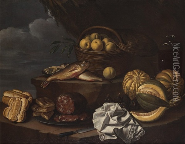 Natura Morta Con Pane, Salumi, Frutta E Pesci Oil Painting - Cristoforo Munari