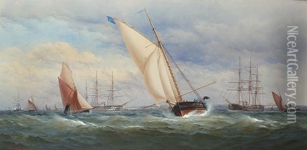 A Large Racing Cutter Preparing To Round The Mark, An Ironclad Battleship Astern Of Her And A Screw-powered Two-decker Nearby Oil Painting - Charles, Taylor Snr.