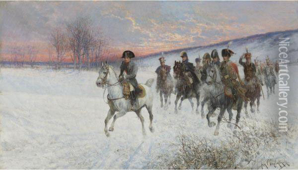Napoleon And Officers Crossing A Snowy Field Oil Painting - Jan van Chelminski
