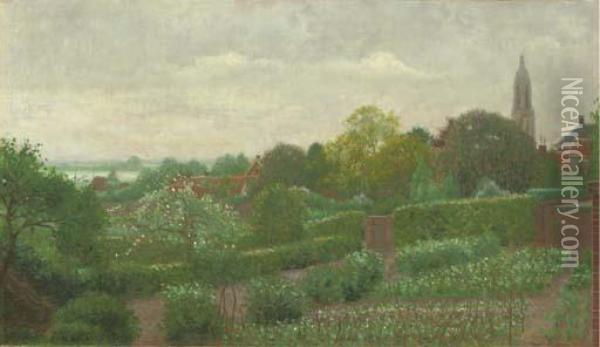 View Of A Garden With The Church Spire Of Rhenen In The Background Oil Painting - Ferdinand Hart Nibbrig